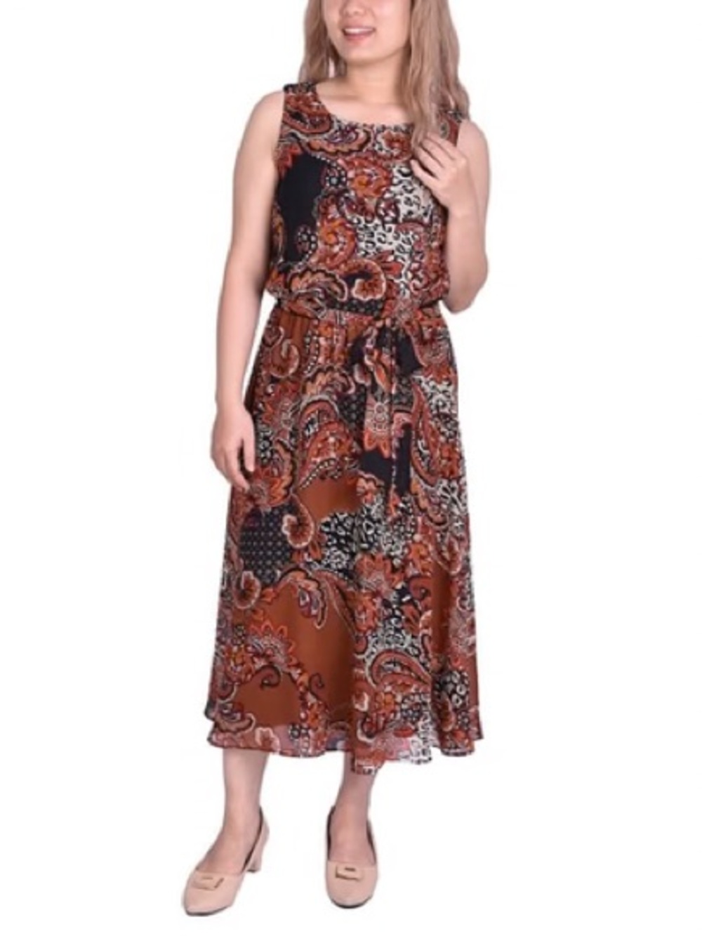 NWT Dressbarn Women’s Sleeveless Paisley Midi Dress in Brown and Black Size 16